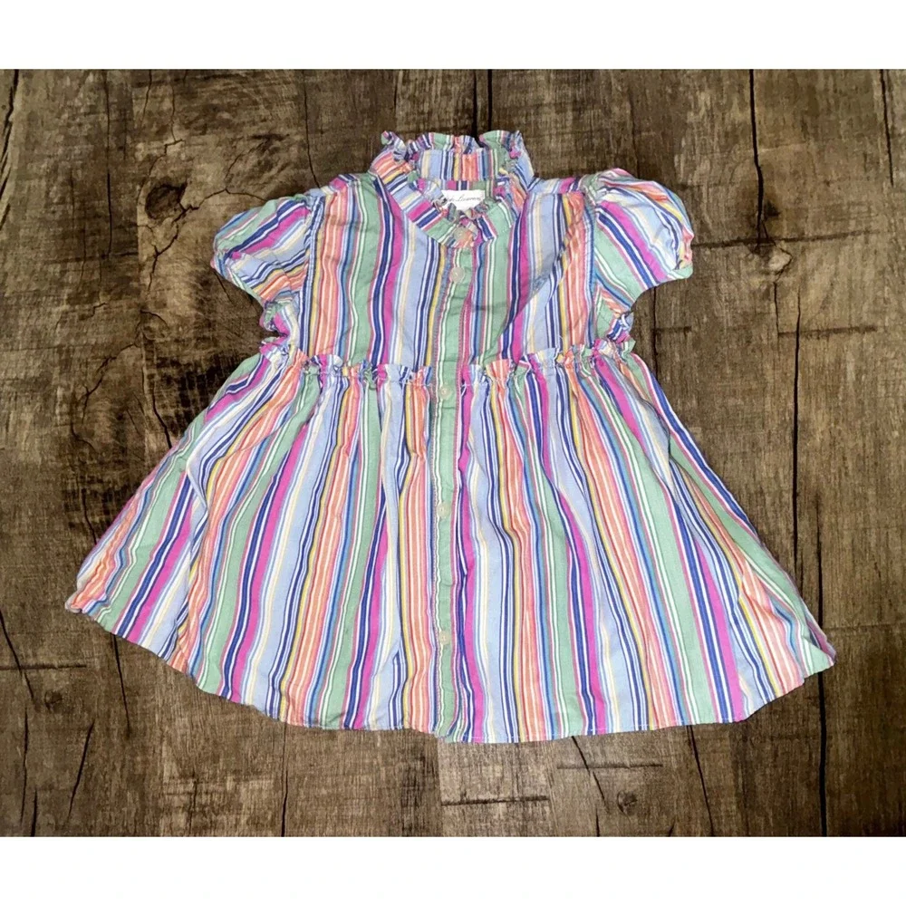 Ralph Lauren Baby Girl Multi Color Striped‎ Ruffle Collar Cotton Dress 9M